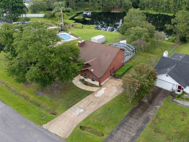 bird's eye view with a water view