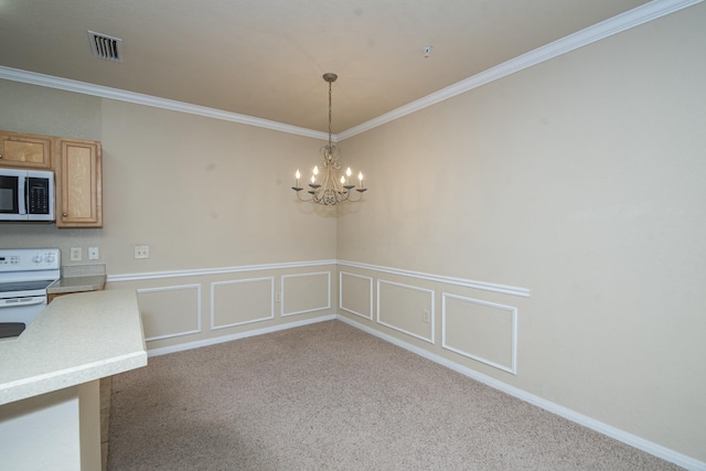 interior space featuring ornamental molding, white electric range, carpet flooring, and a chandelier