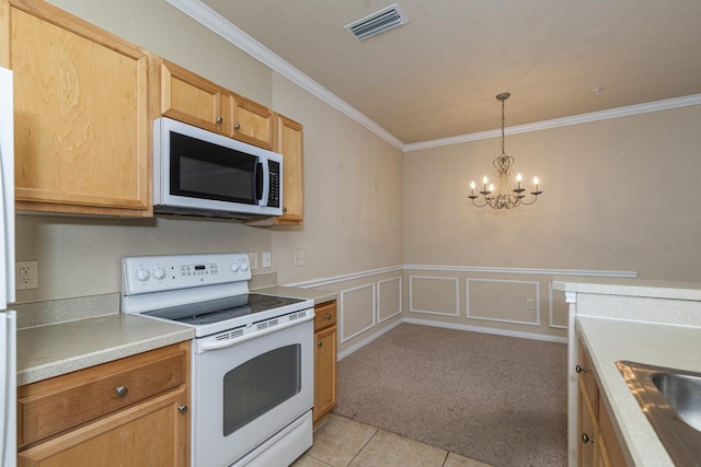 kitchen featuring light tile patterned floors, crown molding, white appliances, an inviting chandelier, and light brown cabinets