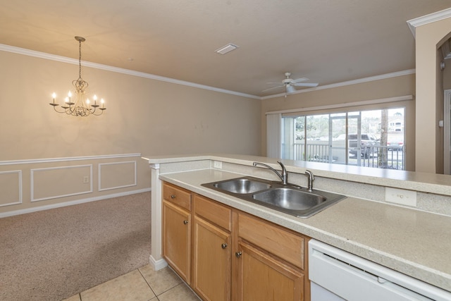 kitchen with sink, dishwasher, ornamental molding, light carpet, and ceiling fan with notable chandelier