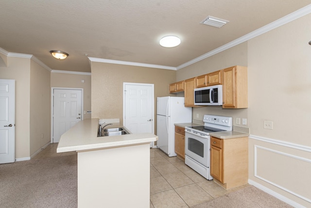 kitchen with light brown cabinetry, sink, light tile patterned floors, crown molding, and white appliances