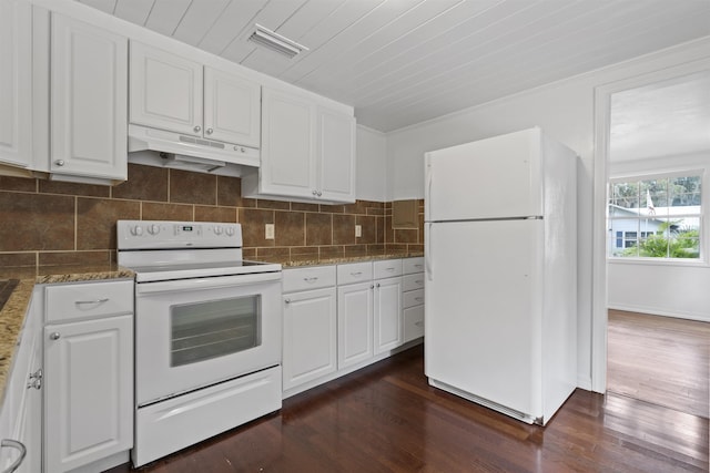 kitchen with stone countertops, white cabinets, dark hardwood / wood-style floors, and white appliances