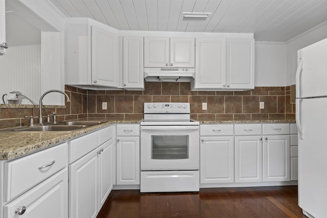 kitchen featuring white cabinetry, sink, crown molding, and white appliances