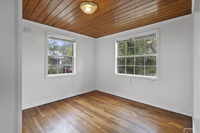 empty room featuring hardwood / wood-style flooring and wooden ceiling