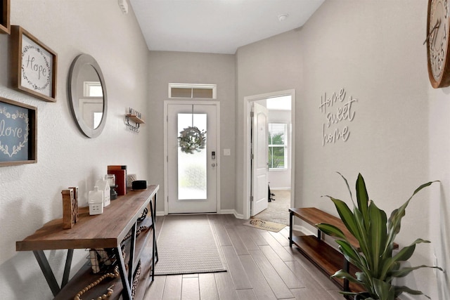 foyer with wood-type flooring and lofted ceiling