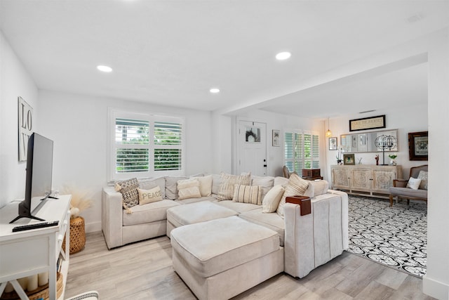 living room featuring light hardwood / wood-style floors and a wealth of natural light