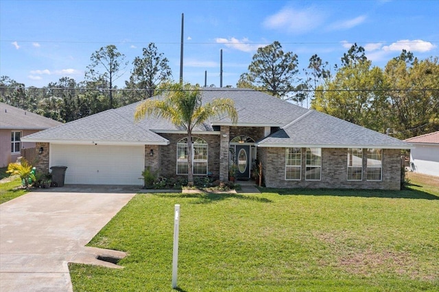 14 Serbian Bellflower Trl, Palm Coast, FL 32164 - single story home with an attached garage, brick siding, a front lawn, driveway, and a shingled roof