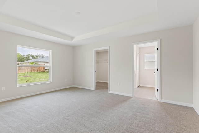 unfurnished bedroom featuring a tray ceiling, light carpet, baseboards, and a spacious closet