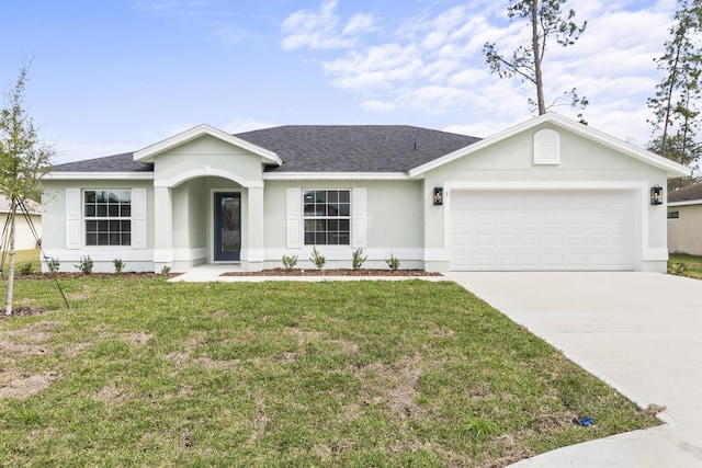 ranch-style home with a front yard, roof with shingles, stucco siding, a garage, and driveway