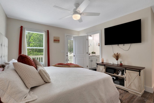 bedroom featuring ceiling fan, dark hardwood / wood-style flooring, access to outside, and ensuite bath