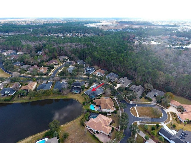 drone / aerial view with a water view