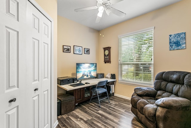 office space featuring ceiling fan and dark wood-type flooring