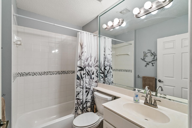 full bathroom with vanity, shower / bathtub combination with curtain, a textured ceiling, and toilet