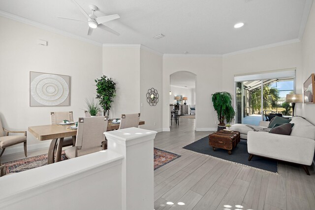 living room featuring ceiling fan, ornamental molding, and light wood-type flooring