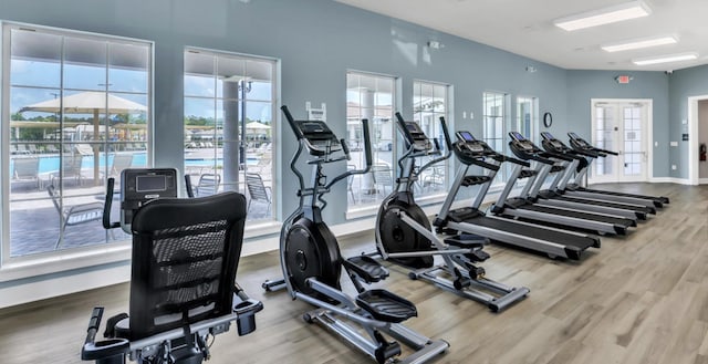 workout area featuring wood-type flooring