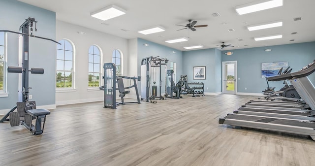 gym with ceiling fan and wood-type flooring