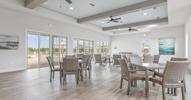 dining space with ceiling fan and light hardwood / wood-style flooring