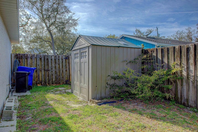 view of shed with a fenced backyard