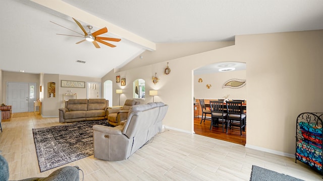 living room featuring lofted ceiling with beams and ceiling fan