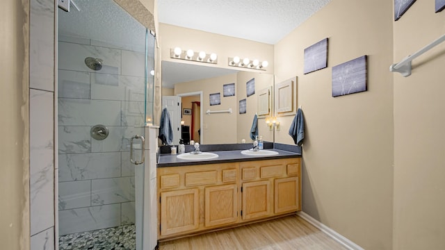 bathroom featuring vanity, a textured ceiling, hardwood / wood-style flooring, and an enclosed shower