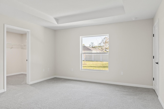 unfurnished bedroom featuring a spacious closet, baseboards, a raised ceiling, and carpet