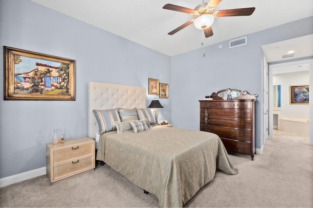 bedroom featuring light carpet, baseboards, visible vents, and ceiling fan