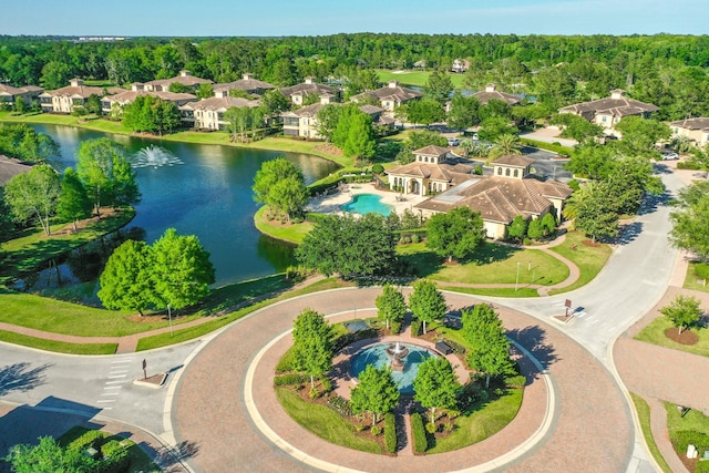 aerial view featuring a water view and a residential view