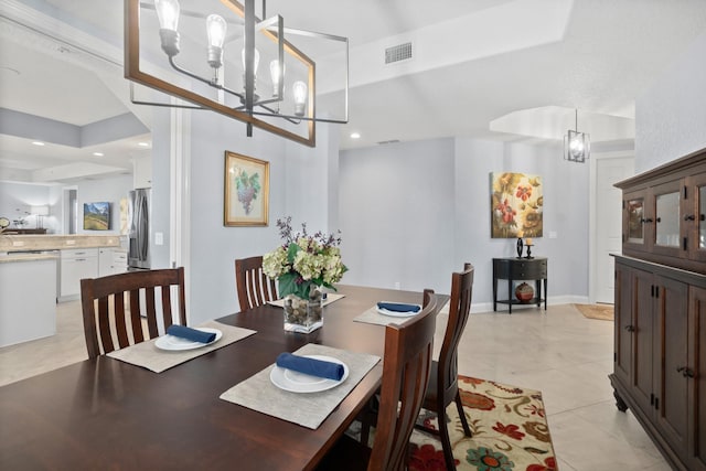 dining space featuring light tile patterned flooring, recessed lighting, a notable chandelier, visible vents, and baseboards