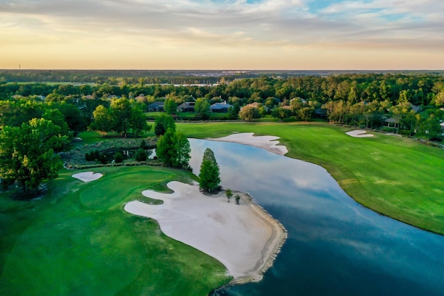 bird's eye view featuring golf course view and a water view