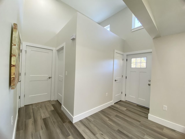 entrance foyer featuring hardwood / wood-style floors and a towering ceiling