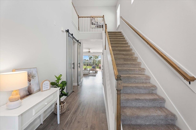 295 Ferndale Way, Saint Augustine, FL 32092 - stairway featuring a barn door, wood finished floors, a high ceiling, and baseboards