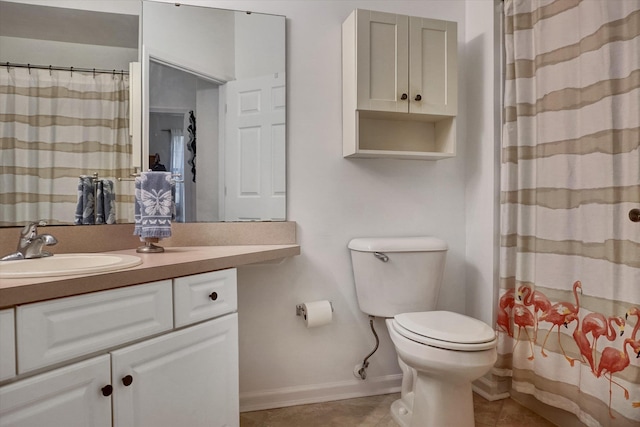 bathroom with tile patterned floors, vanity, toilet, and a shower with shower curtain