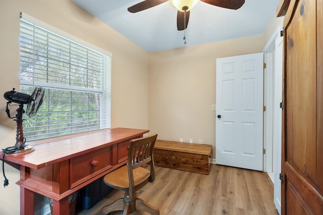 office area with a textured ceiling, light wood-type flooring, and ceiling fan