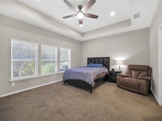 55 Concave Ln, Saint Augustine, FL 32095 - bedroom featuring carpet flooring, baseboards, recessed lighting, a tray ceiling, and ceiling fan