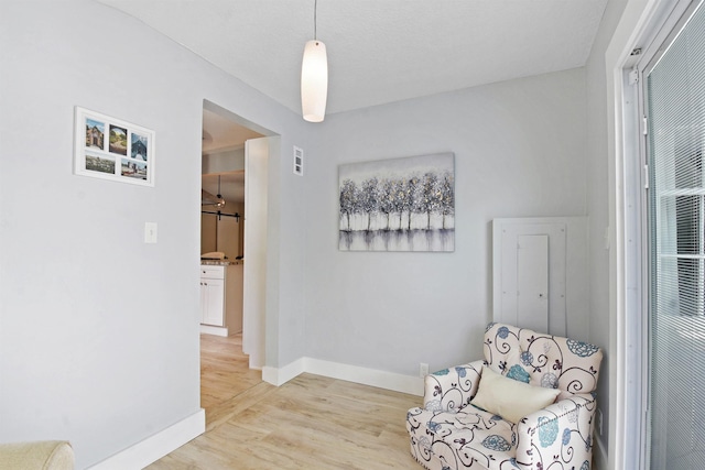 living area featuring wood finished floors and baseboards