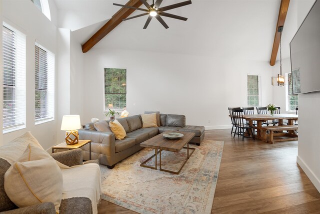 living room featuring beam ceiling, a wealth of natural light, and high vaulted ceiling