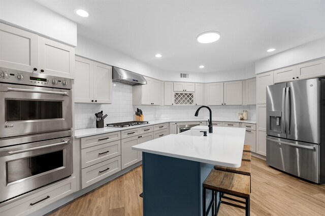 kitchen featuring sink, wall chimney range hood, a kitchen bar, a kitchen island with sink, and appliances with stainless steel finishes