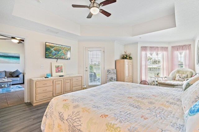 bedroom with a raised ceiling, multiple windows, ceiling fan, and dark wood-type flooring