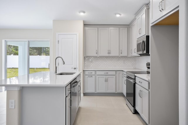 kitchen with a kitchen island with sink, sink, tasteful backsplash, and stainless steel appliances