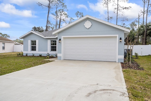 ranch-style home with a garage and a front lawn