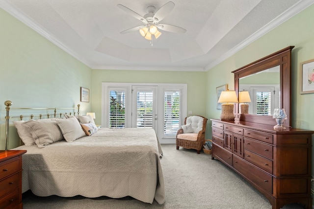 bedroom with a raised ceiling, access to exterior, ceiling fan, and multiple windows