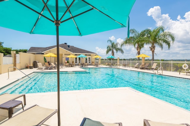 view of swimming pool with a patio