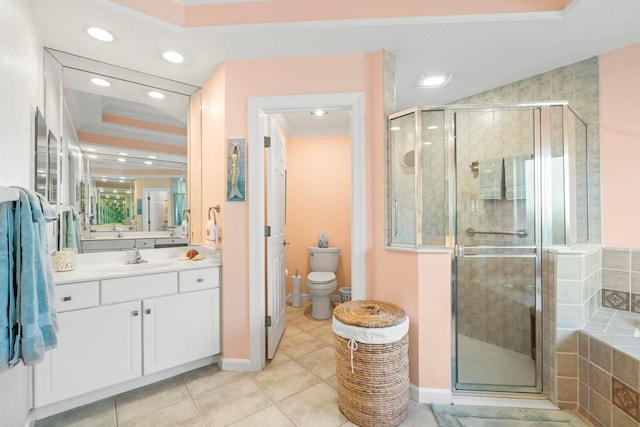 full bathroom featuring tile patterned flooring, vanity, ornamental molding, plus walk in shower, and toilet