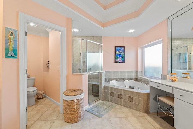 full bathroom with crown molding, toilet, independent shower and bath, and tile patterned flooring