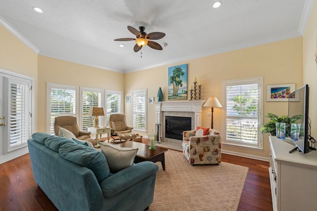 living room with crown molding, a textured ceiling, dark hardwood / wood-style flooring, and a fireplace