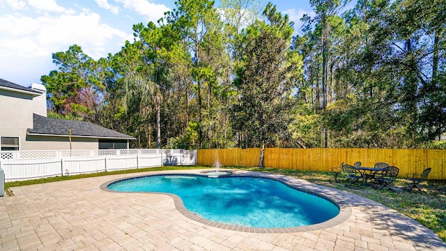 view of swimming pool with a patio area, a fenced in pool, and a fenced backyard