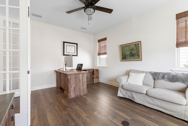 office with visible vents, dark wood finished floors, and baseboards