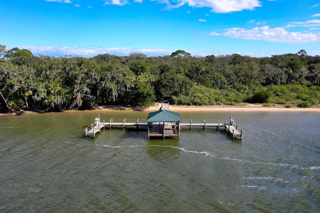 view of dock with a water view and a view of trees