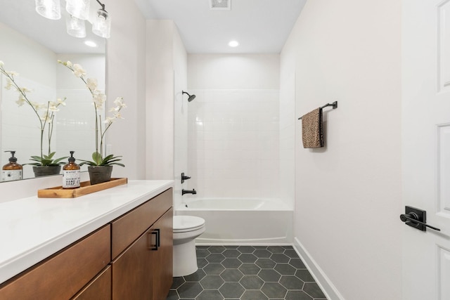 full bath featuring baseboards, toilet, shower / tub combination, tile patterned floors, and vanity