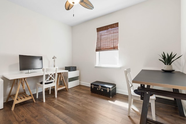 office with ceiling fan, wood finished floors, and baseboards